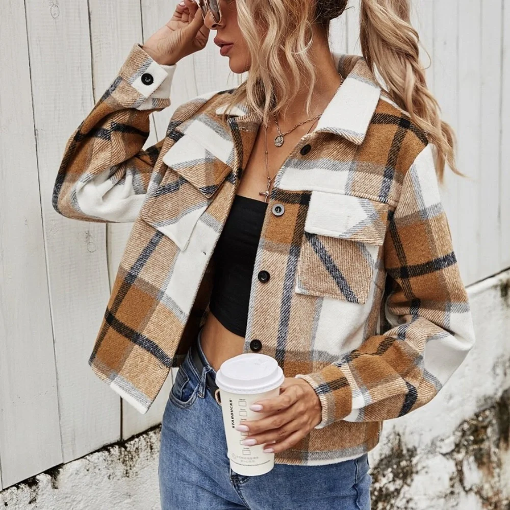 Plaid pocket button up jacket shacket Oversized Casual - Picture 1 of 5